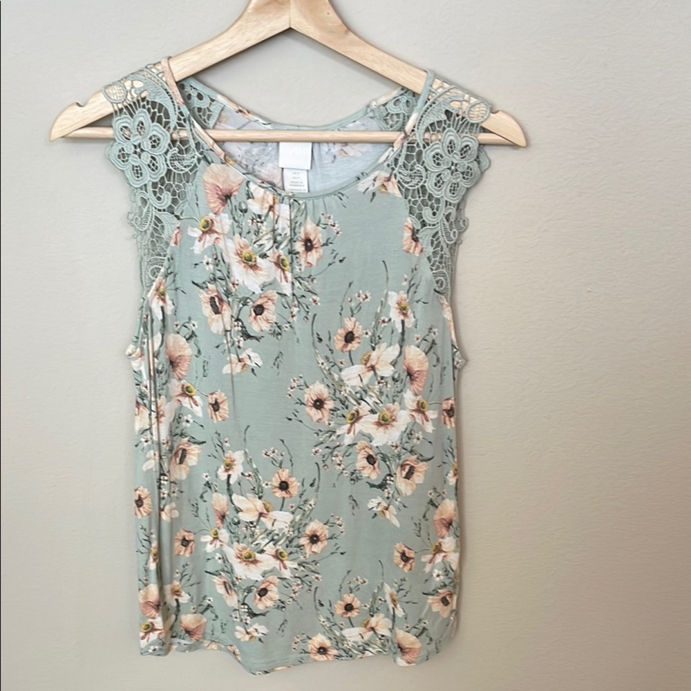 H&M Green Sleeveless Blouse with Floral Print